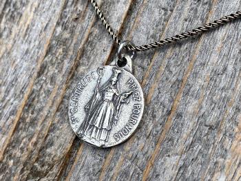 Sterling Silver St Gertrude the Great Medal Pendant Necklace, Signed by French artists Karo & AP Penin, Gertrude Charm, Patron Saint of Cats