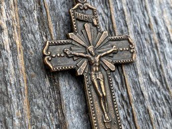 Bronze Radiant Crucifix, Pendant Necklace, Antique Replica, Large Bronze Crucifix Cross, Jesus Medal, Our Lord Jesus Christ Pendant Cross