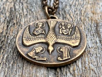 Large Bronze 5 Way Medal Pendant Necklace, Antique Replica, Rare Big 4 Way Medallion, from France by Artists JB and PCH, Descending Dove