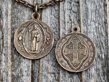 Bronze Small French St Benedict Medal Pendant and Necklace, Antique Replica, Crux Sancti Patris Benedicti, Holy Father Saint Benedict Charm