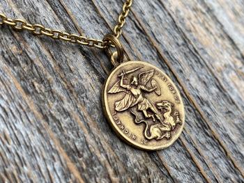 Antiqued Gold St Michael the Archangel Medal Pendant on Necklace, Antique Replica Two-Sided Protection Medallion against Satan Devil Evil M3