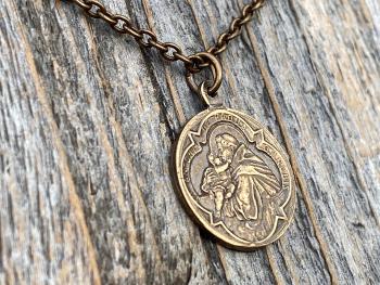 Bronze Saint Anthony of Padua Medallion & Necklace, Antique Replica of Rare French Latin Medal, Two-Sided Pendant with St Francis of Assisi