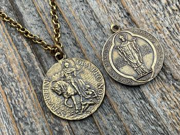 Antique Gold Latin St Martin of Tours Medallion Necklace, French Antique Replica, Sanctus Martinus Turonensis Bishop of Tours, by Penin Lyon