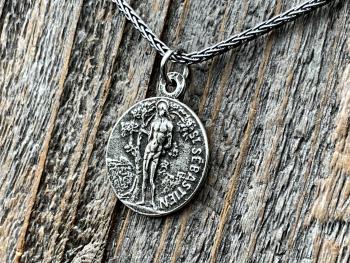 Saint Sebastian Sterling Silver Medal Necklace, Antique Replica, Patron Saint of Athletes & Soldiers Pendant, French St Sebastien Medallion