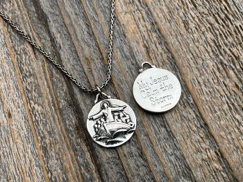 Sterling Silver Jesus Calms the Storm Medallion Necklace, Antique Replica of One of a Kind Pendant, Hand Engraved "My Jesus Calm the Storm"