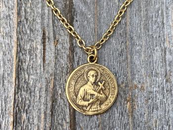 Antiqued Gold Saint Gerard Majella Medal Necklace, French artist Penin, Antique Replica, Patron Saint of Expectant Mothers, of Fertility