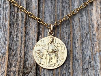 Gold St. Dymphna Medal, Antique Replica Saint Dymphna Pendant Necklace, Patron Saint of Anxiety, Saint of Mental Illness, Saint of Dementia
