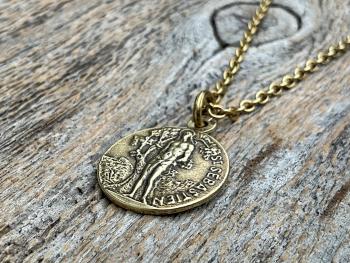 Antiqued Gold Saint Sebastian Medal Necklace, Patron Saint Athletes Soldiers, Antique Replica of Rare French St Sebastien Medallion Pendant