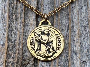 Antiqued Shiny Gold St Michael Medallion Necklace, Antique Replica French Saint Michael the Archangel, Saint Michel from France, By PCH