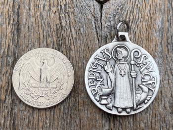 Sterling Silver Large French St Benedict Medal Pendant Necklace, Antique Replica of Artist JB Medallion, Big Holy Father Saint Benedicti