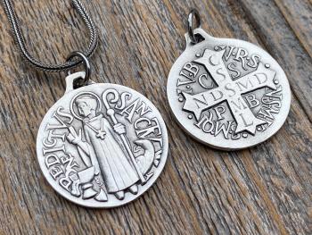 Sterling Silver Large French St Benedict Medal Pendant Necklace, Antique Replica of Artist JB Medallion, Big Holy Father Saint Benedicti