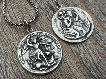 Large Sterling Silver St Michael Medal, Reverses to St Christopher, Antique Replica Medallion, Antiqued Saint Michael the Archangel Pendant