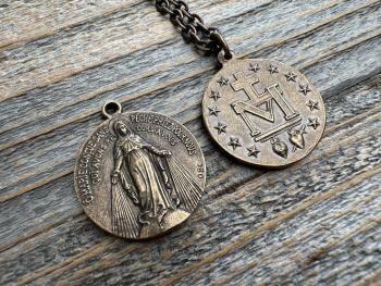 Bronze Large French Miraculous Medal, Antique Replica, Big Round Miraculous Medal, Bronze Miraculous Pendant Necklace, by OBC, from France