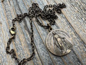 Bronze Large French Miraculous Medal, Antique Replica, Big Round Miraculous Medal, Bronze Miraculous Pendant Necklace, by OBC, from France