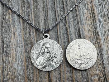 Sterling Silver Rare St Thérèse of Lisieux Medal Necklace, French Antique Replica Sancta Teresia St Theresa of the Child Jesus Little Flower