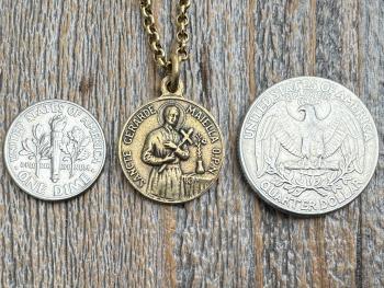 Antique Gold Saint Gerard Majella & Our Lady of Perpetual Help Pendant Necklace, Antique Replica Medal, Saint of Expectant Mothers Fertility