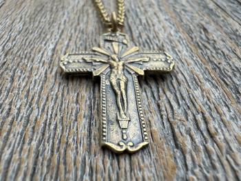 Antiqued Gold Radiant Crucifix Cross, Pendant Necklace, Antique Replica Crucifix, Jesus with Extending Rays, Our Lord Jesus Christ Medallion