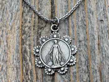 Sterling Silver Our Lady of the Rosary Antique Replica Pendant and Necklace, Notre-Dame-Du-Cap Medal, Our Lady of the Cape Shrine Notre Dame