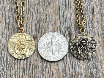St Paraskeva (St. Paraskeve) Medallion in Antiqued Gold or Shiny Gold Bronze, Small Round Antique Replica, Orthodox Saint Paraskevi Pendant