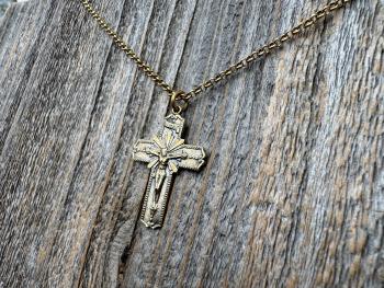 Antiqued Gold Radiant Crucifix Cross, Pendant Necklace, Antique Replica Crucifix, Jesus with Extending Rays, Our Lord Jesus Christ Medallion