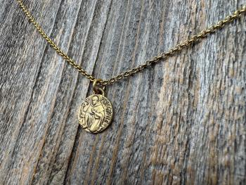 Antique Gold St. Peregrine Medallion - Antique Replica of Small French Medal - Patron Saint of Cancer - Saint Peregrinus Laziosi, Pellegrino