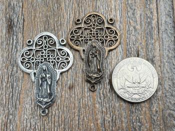 Large Our Lady of Guadalupe Rosary Center, Sterling Silver or Bronze, Antique Replica Big Rosary Centerpiece, Blessed Virgin Mary Parts
