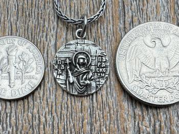 Sterling Silver St Paraskeva (St. Paraskeve) Medallion, Small Round Antique Replica, Orthodox Saint Paraskevi Pendant