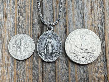 Sterling Silver Oval French Miraculous Medal Pendant, Antique Replica of Rare Adolph Penin Signed Miraculous Medallion from France, Antiqued