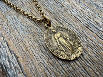 Antiqued Gold Oval French Miraculous Medal Pendant, Antique Replica of Rare Adolph Penin Signed Medallion from France, French Piece of Art