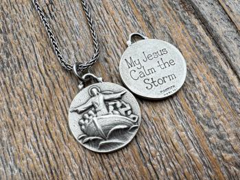 Antiqued Sterling Silver Jesus Calms the Storm Pendant, Antique Replica of Rare Medallion, Hand Engraved "My Jesus Calm the Storm", Necklace