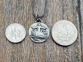 Antiqued Sterling Silver Jesus Calms the Storm Pendant, Antique Replica of Rare Medallion, Hand Engraved "My Jesus Calm the Storm", Necklace