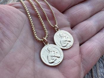 Gold St Gerard Majella Medal on Box Chain Necklace, French Antique Reproduction, Patron Saint of Expectant Mothers and Saint of Fertility