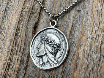 Sterling Silver Jesus Christ Pendant Medallion, Our Lord with Crown of Thorns, French Antique Replica Medal, Artists Augis & Mazzoni France