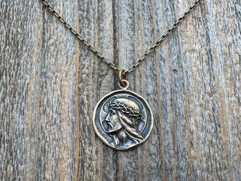Bronze Jesus Christ Pendant Round Medallion, Our Lord with Crown of Thorns, French Antique Replica Medal, Artists Augis & Mazzoni France