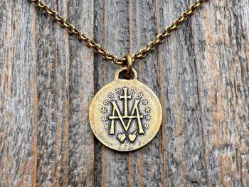 Antiqued Gold Round Miraculous Medal Pendant, Antique Replica of Rare JB & PCH Signed Circle Medallion, Artists Balme and Chambault Necklace