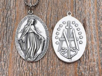 Large Shiny Oxidized .925 Sterling Silver Miraculous Medal Pendant, Antique Reproduction Unusual Oval Blessed Mother Medallion, Artist PY