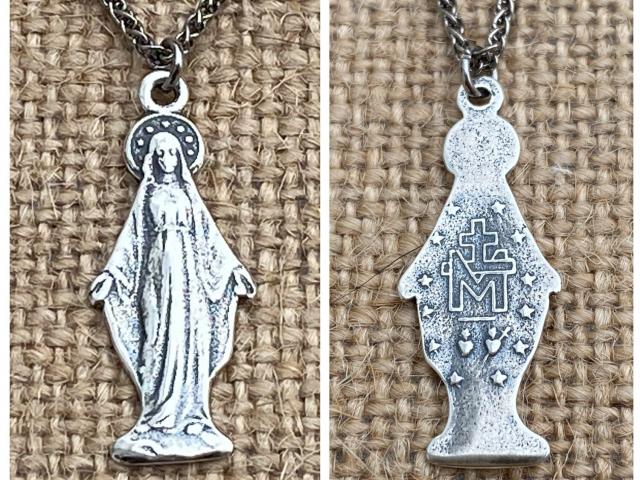 Sterling Silver Miraculous Medal Pendant Necklace, Antique Replica, Figural Blessed Virgin Mary Pendant, Our Lady of the Miracle Miracles