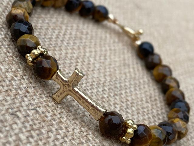 Faceted Yellow Tigereye Gemstone Bracelet with a Sideways Antique Replica Gold Cross and Beads Gold Bronze 7 and 1/4 inch long Toggle Clasp