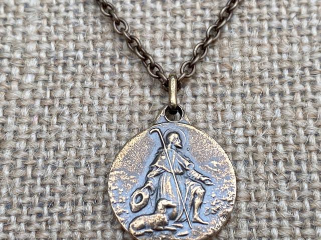 Bronze Antique Replica St. Saint Roch (St Rocco) Medal Pendant Necklace, Patron Saint of Epidemics, Saint of Dogs, Plague, Catholic Unisex