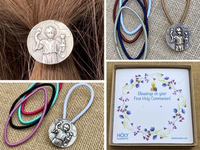 First Holy Communion Pony Tail Button and Elastics, Sterling Silver or Bronze, Antique Replica, 1st Communion Gift for a Girl, Gift Idea