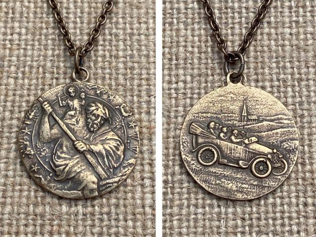 Bronze St. Saint Christopher Medal, Antique Replica, Pendant Necklace, Patron Saint of Travelers Traveling, Automobile, Confirmation Gift