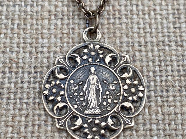 Bronze Blessed Virgin Mary Medal Pendant Necklace, In a Flower Garden, French Antique Replica, Our Lady of Lourdes, 19th Anniversary Gift
