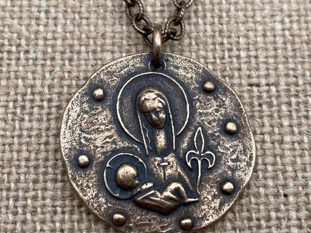 Bronze Virgin Mary & Baby Jesus, Antique Replica, Large Medal Pendant Necklace, Fleur de Lis, Our Lady, Holy Mother, Ellie Elie Pellegrin