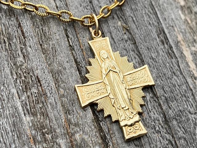 Gold Radiant Mary Cross Medal (Antique Replica) Pendant Necklace, Our Lady of Lourdes, Blessed Virgin Mary, Our Lady of Guadalupe, Holy Mary