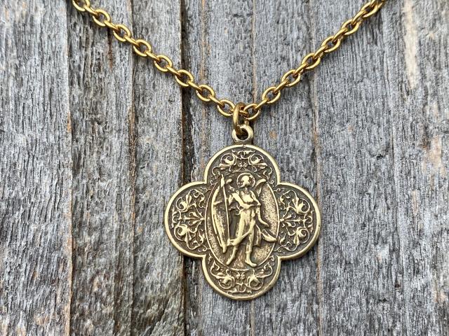 Antique Gold St. Raphael the Archangel (Angel of Healing) Antique Replica Medal Medallion Necklace Prayer Gold Bronze Patron Saint Sick Ill