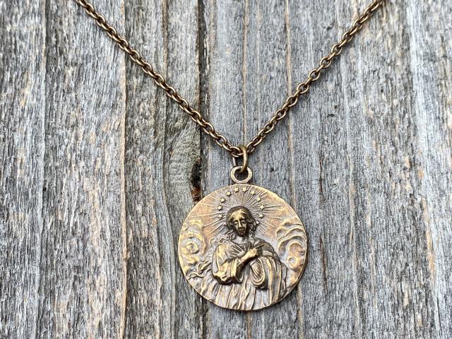 Bronze Rare Assumption of Mary Medal Pendant Necklace, French Antique Replica, Mary with Star Halo Pendant, Blessed Virgin Mary Necklace