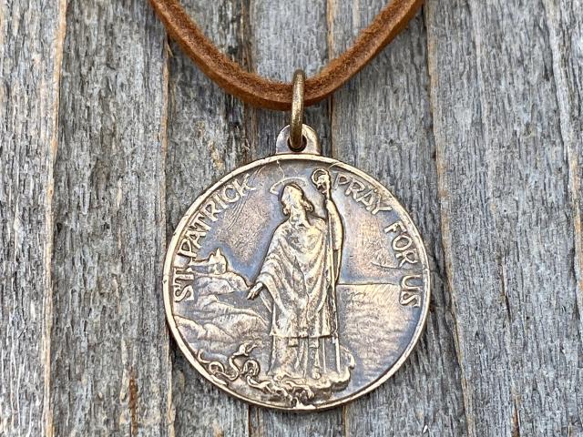 Bronze St Patrick Medal and Suede Necklace, Rare, Antique Replica, Saint Patrick, Irish Catholic Gift, Patron Saint of Engineers, Ireland
