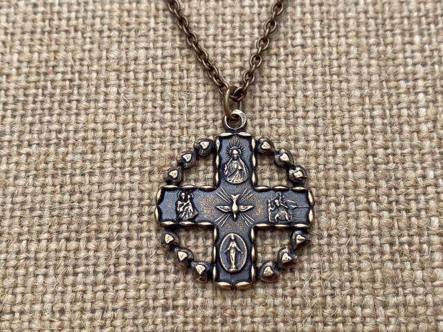 Bronze 5-Way Round Catholic Medal Necklace, Antique Replica, 4-Way Pendant, Cross, Miraculous Medal, Holy Spirit Dove, Heart Border, Unisex