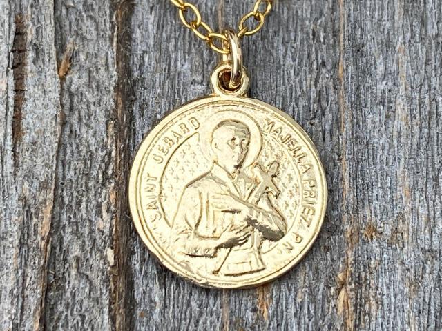 Gold St Gerard Majella Medal, Necklace, French artist Penin, Antique Replica, Patron Saint of Expectant Mothers, Patron Saint of Fertility