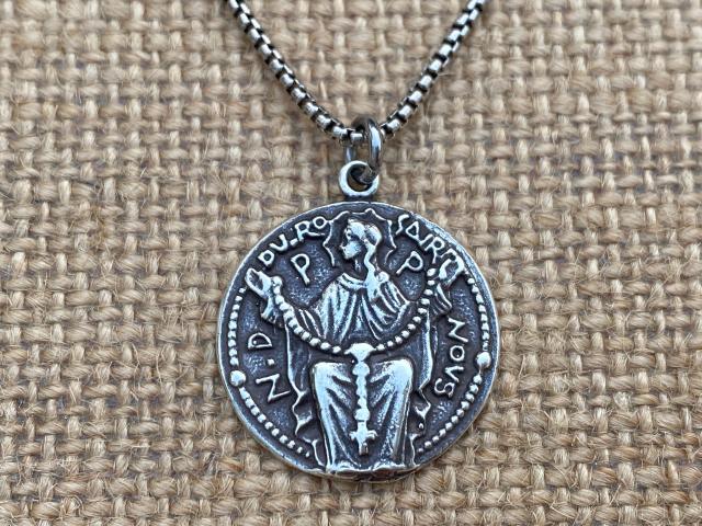 Sterling Silver Notre Dame du Rosaire (Our Lady of the Rosary) French Antique Replica, Medal Pendant Necklace, Rare Marian Piece from France